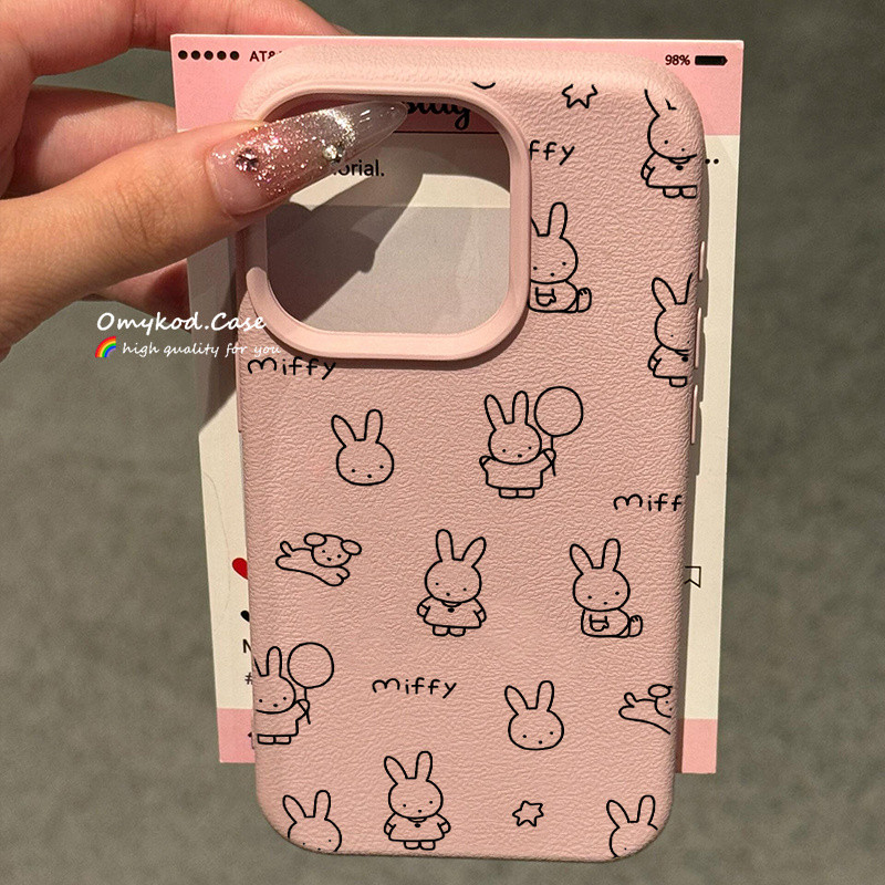 เข้ากันได้กับ IPhone 11 16 12 13 14 15 Pro Max 7Plus X Xr Xs Max น่ารัก Miffy กระต่ายวาดสายรูปแบบการ์ตูนข้อความเคสโทรศัพท์ Anti Drop ปกอ่อน