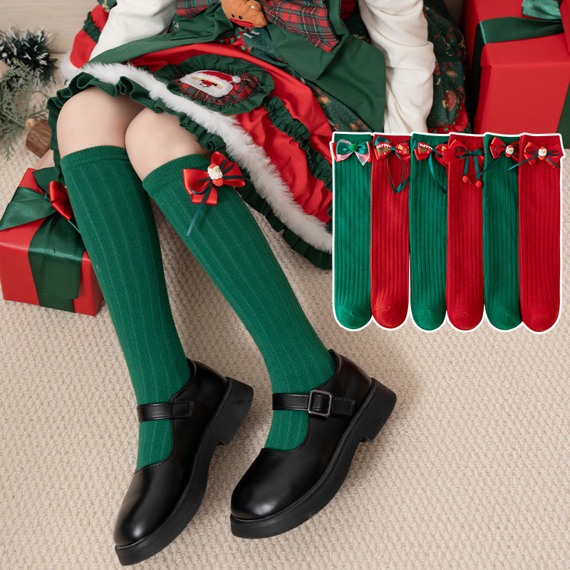 3-12yrs Christmas Stocking ถุงเท้าเข่าสําหรับเด็กผู้หญิง CNY ถุงเท้าสีแดงสีเขียว