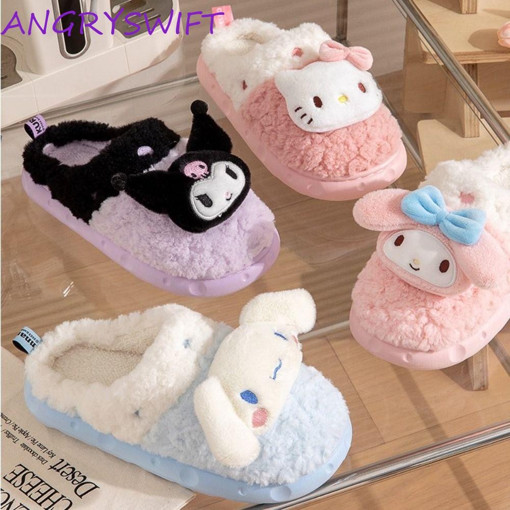 Angryswift อะนิเมะรองเท้าแตะ Plush, Kuromi Kitty Cinnamoroll ฤดูหนาวรองเท้าแตะปุย,นักเรียนน่ารัก Warm Fur Anti Slip บ้านรองเท้าแตะรองเท้าผู้หญิง