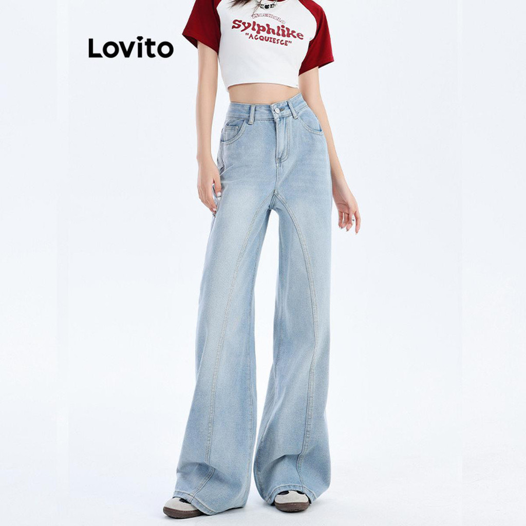 Lovito กางเกงยีนส์ผู้หญิง ตีเกล็ดหน้า สีพื้น สไตล์ลำลอง LNE66281