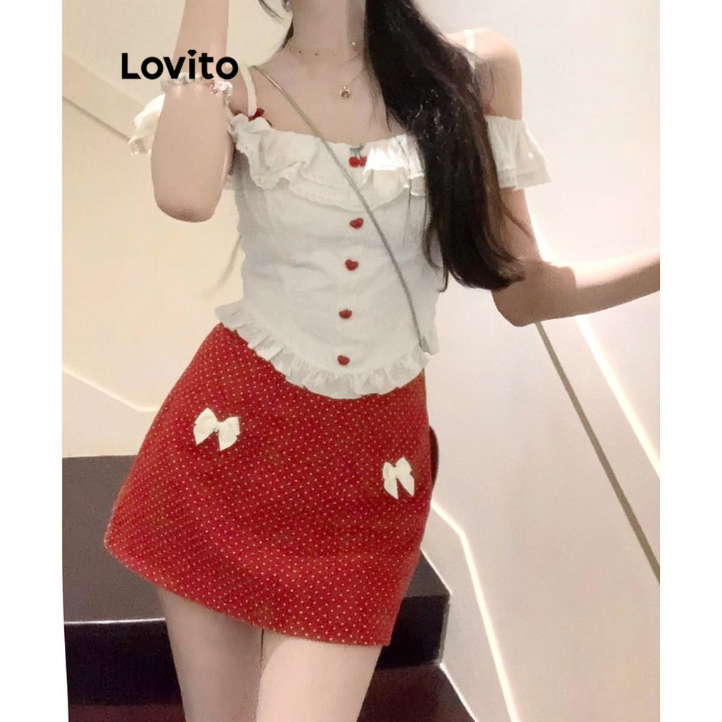 Lovito ชุดเซ็ทกระโปรง ลายจุด แต่งโบว์ LNA70525