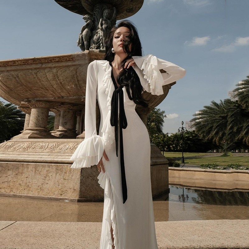 Kliou ลึก V Skinny ชุดแขนยาวไม่สม่ําเสมอ Ruffles ริบบิ้นด้านข้าง Casual แฟชั่นหวานดู Slimmer สไตล์อเนกประสงค์