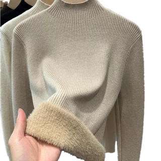 เสื้อตัวในถักบุขนกำมะหยี่หนาพิเศษสำหรับฤดูหนาวเสื้อสเวตเตอร์สวมหัวขนแกะชิ้นเดียวสำหรับผู้หญิงเสื้อตัวในที่ให้ความอบอุ่นสีล้วน Huuma กำมะหยี่กริด n9ma