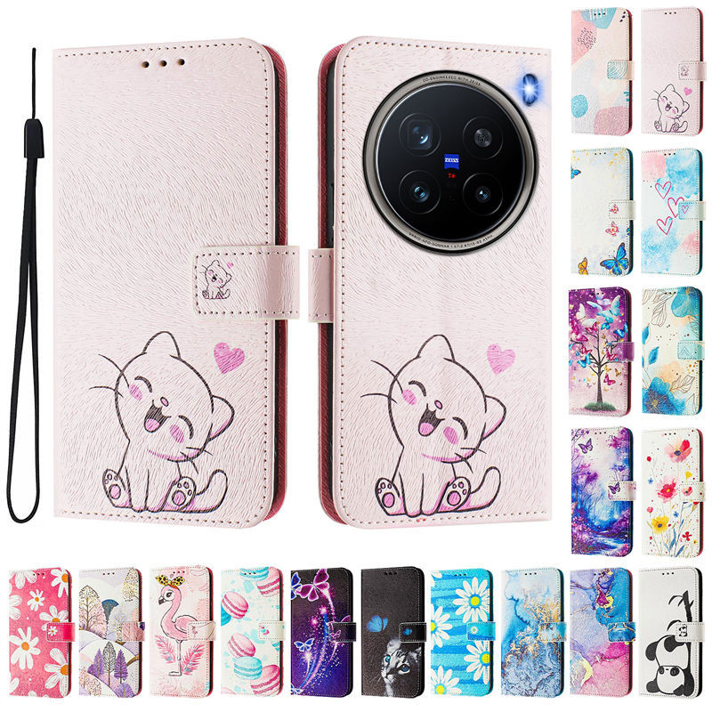สําหรับvivo X200 Proกรณีน่ารักทาสีรูปแบบพลิกเคสโทรศัพท์สําหรับVivo X200 Pro Mini Vivo X100 Proกรณีแม่เหล็กกระเป๋าสตางค์หนังปกหนังสือ
