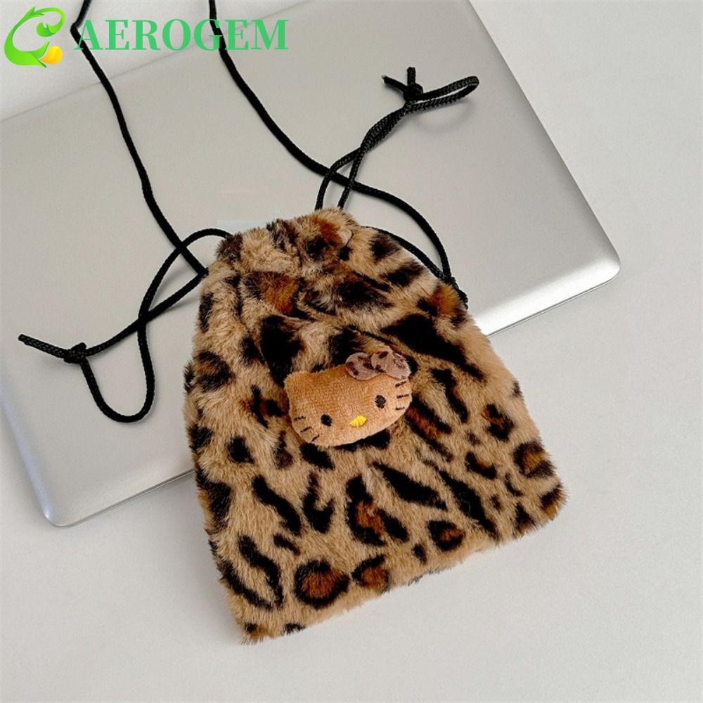 Aerogem Kittys Drawstring Crossbody Bag, Plush Kitty Plush Leopard Print Phone Bag, Makeup Bag กระเป๋าสะพายการ์ตูนเสือดาวพิมพ์ Bow Kitty Storage Bag Student Girls
