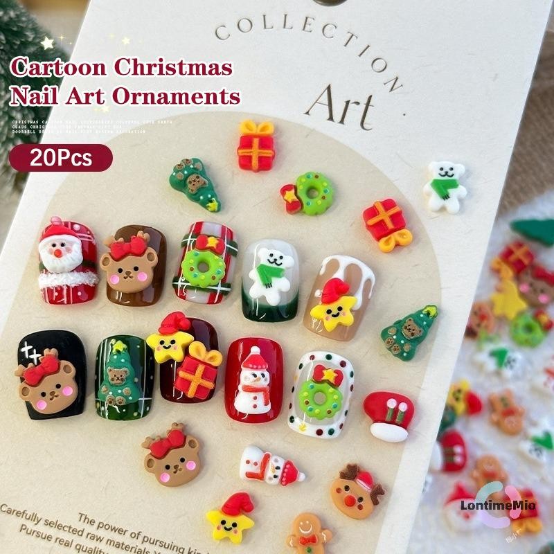Lontimemio] 20 ชิ้นผสม 3D การ์ตูนเรซิ่นชุดคริสต์มาสเล็บ Ch น่ารัก Snowman Santa Claus ของขวัญเทศกาลตกแต่งเล็บใหม่