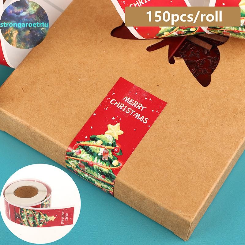 Strongaroetrtu 150 ชิ้น/ม้วนน่ารัก Merry Christmas สติกเกอร์ 3*9 ซม.สี่เหลี่ยมผืนผ้าสีแดงคริสต์มาสของขวัญตกแต่งสติกเกอร์ปิดผนึกกล่องบรรจุภัณฑ์ป้าย TH