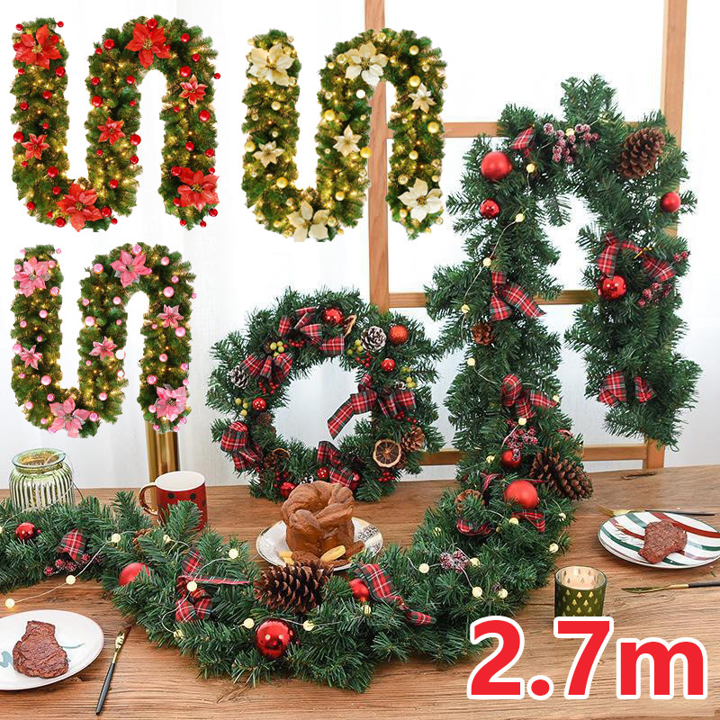 COD พวงหรีดคริสต์มาส ไฟ LED 2.7m ประตูแขวนดอกไม้ประดิษฐ์ เถาคริสต์มาส หวายสีเขียว สําหรับตกแต่งสวน ตกแต่งคริสต์มาส