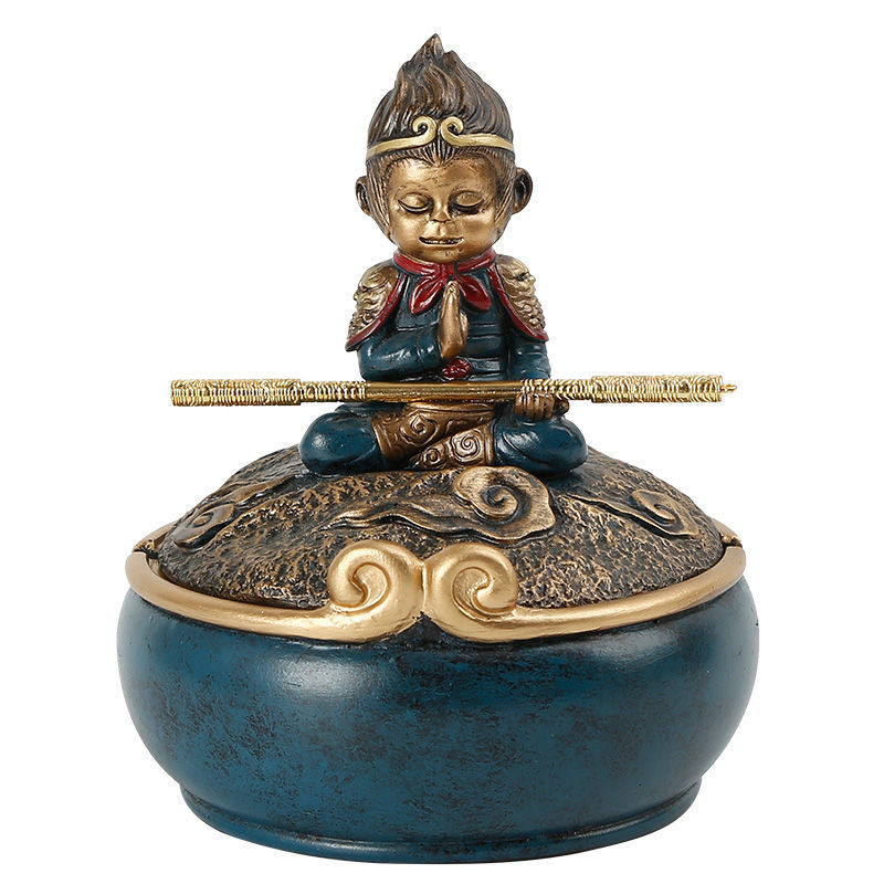 ที่เขี่ยบุหรี่ Wukong สีดำพร้อมฝา Qitian Dasheng สร้างสรรค์บุคลิกภาพเทรนด์ย้อนยุคต่อต้านเถ้าลอยใช้ใน