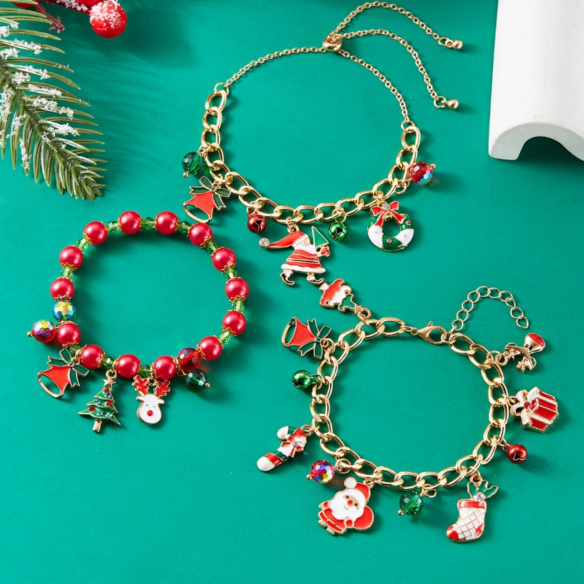 Merry Christmas สร้อยข้อมือสีสัน Jingling Bell Elk Xmas Tree สร้อยข้อมือผู้หญิงแฟชั่นเครื่องประดับ Santa Claus Garland Snowman ของขวัญกล่อง