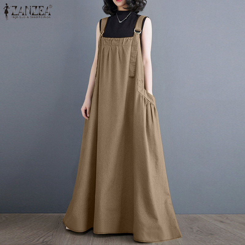 ZANZEA ใส่ ซานเซีย ผู้หญิงเกาหลีสบายๆสีทึบจีบตารางปกปรับสายรัดกระโปรงแขวน