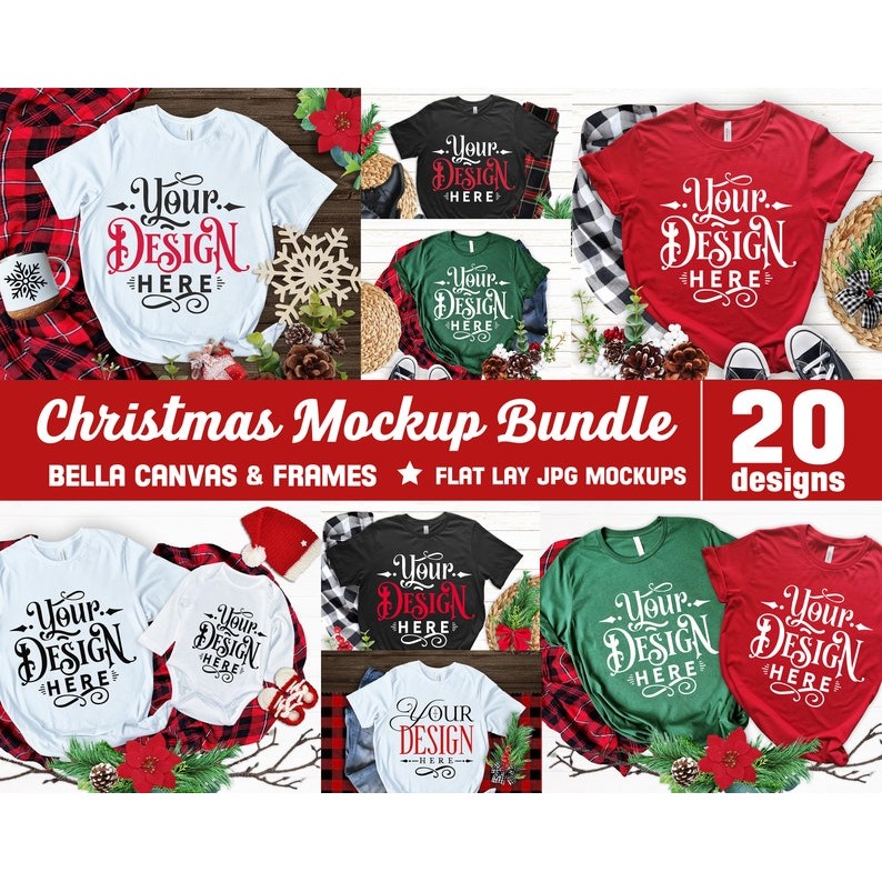 Christmas Mockup Bundle, 20 Christmas mockups, Bella Canvas 3001, Plain Shirt Mockup, T-shirt Bundle