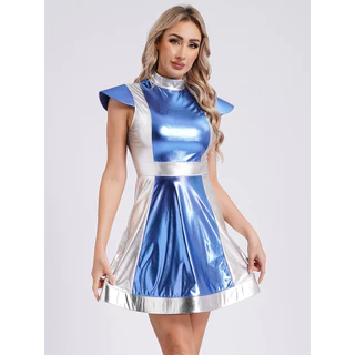 Choomomo Womens Space Fighter Alien Dress-up เครื่องแต่งกาย Mock คอหมวกแขน Metallic Shiny Contrast ชุดสําหรับฮาโลวีนคอสเพลย์
