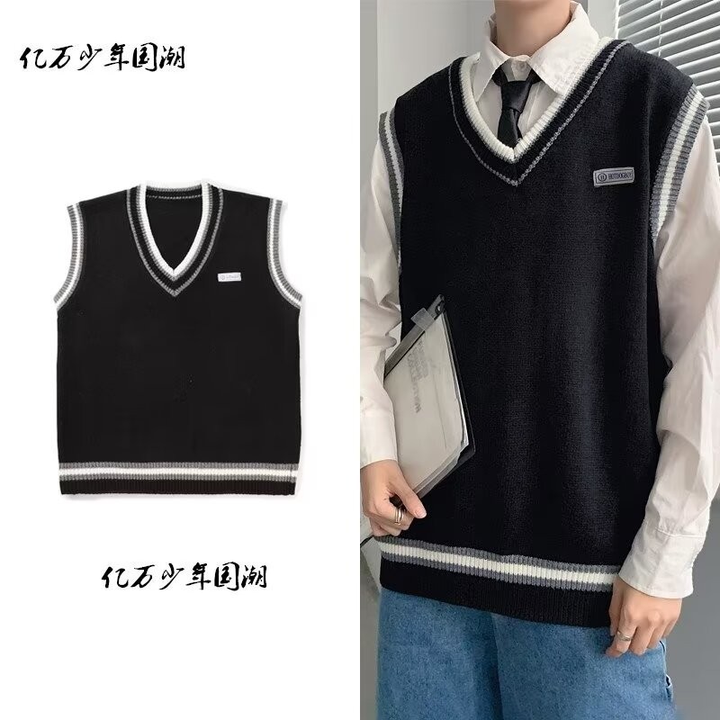 เสื้อกั๊กถักคอวีสําหรับคู่รัก=เสื้อกั๊ก เสื้อแขนกุด เสื้อกันหนาวสายเดี่ยว ผู้ชายอินเทรนด์