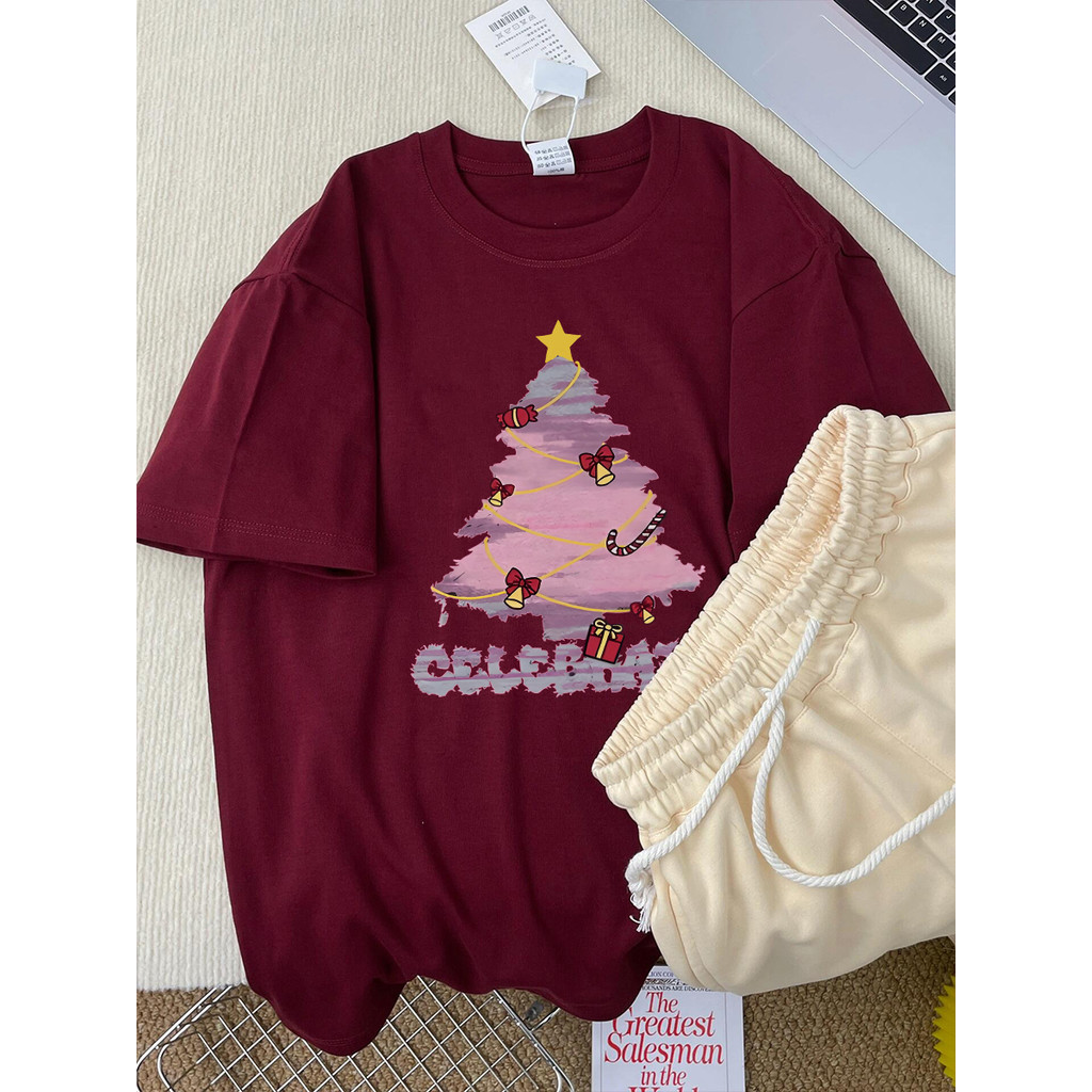 Nuziro Christmas T-shirts - ต้นคริสต์มาสสีชมพูสวยพิมพ์เสื้อยืดแขนสั้นหลวม #I001130
