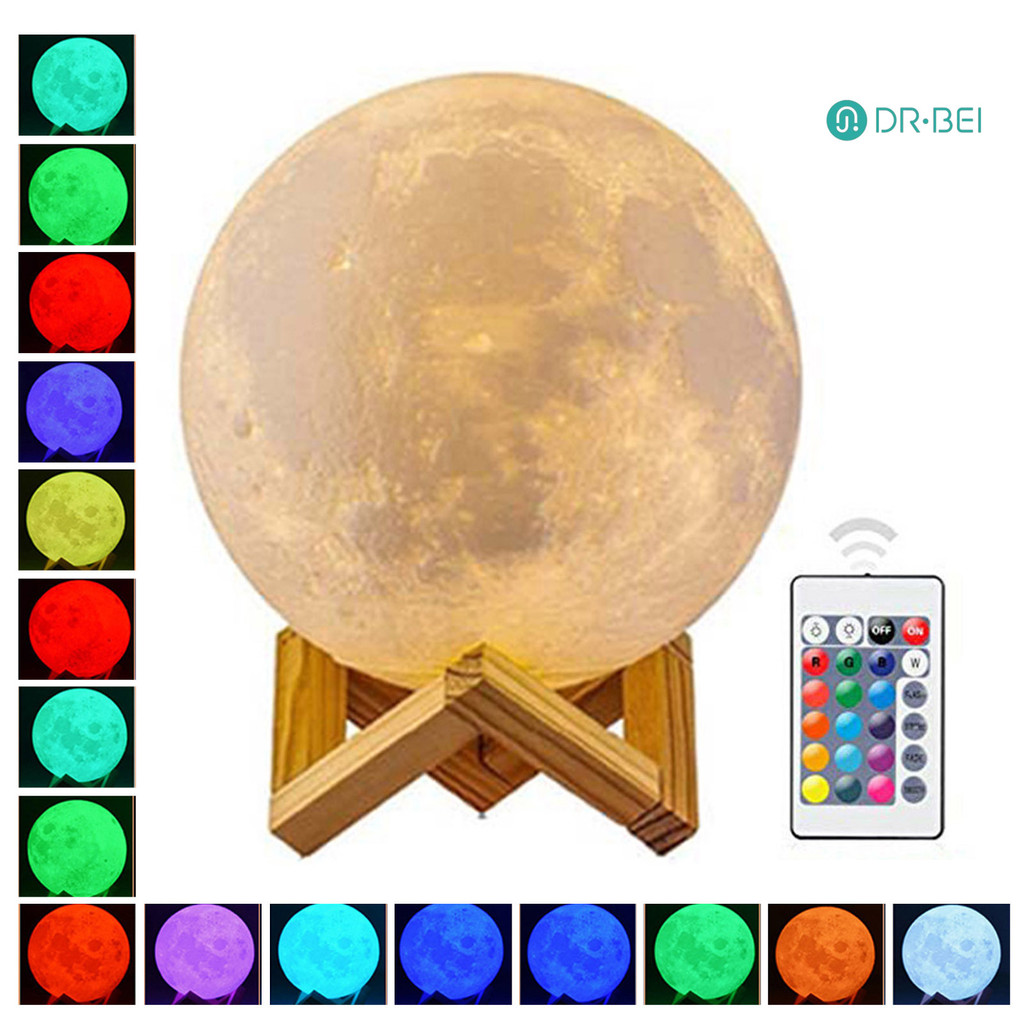 Dr.bei โคมไฟดวงจันทร์พร้อมฐานไม้ 16 สี RGB Design Touch Sensor ชาร์จ 3D Moon Night Light ตกแต่งห้องนอน
