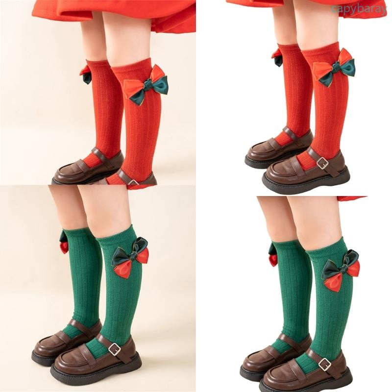 Cpy Girls Bowknot Socks ถุงเท้าเด็กกลางลูกวัวถุงเท้าคริสต์มาส 0-15Y ถุงเท้าเข่า