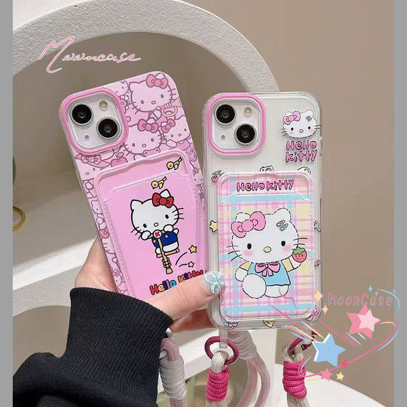 เคสไอโฟนXR สีชมพู Kitty สำหรับ IPhone 15 11 12 16 14 13 Pro Max 8 6S 6 7 Plus XS XR X Max SE กล่องใส่บัตร เคส