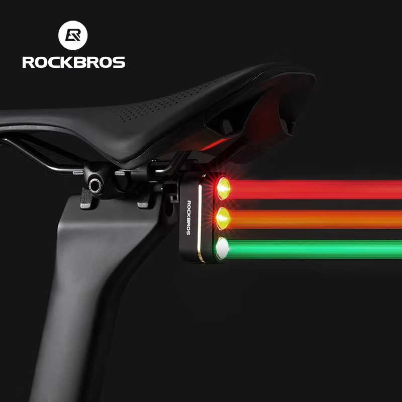 Rockbros ไฟท้ายจักรยาน Type-C ชาร์จเซ็นเซอร์เบรกไฟเตือนสามสีความปลอดภัยกลางคืนขี่จักรยานไฟท้ายอุปกรณ์จักรยาน