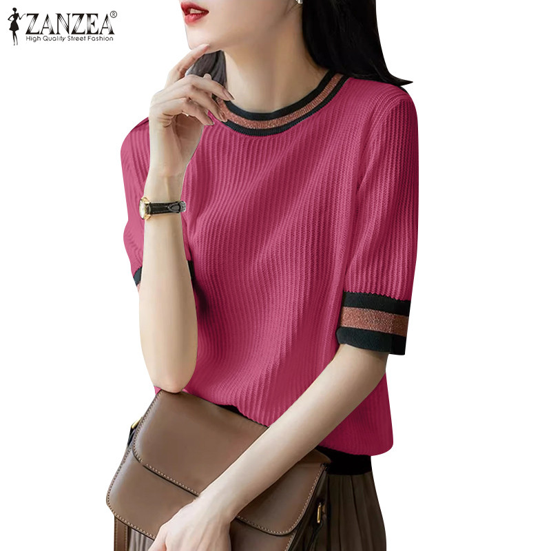 ZANZEA ใส่ ซานเซีย ผู้หญิงเกาหลีลําลองคอกลมแขนสั้นเย็บปะติดปะต่อกันเสื้อยืด