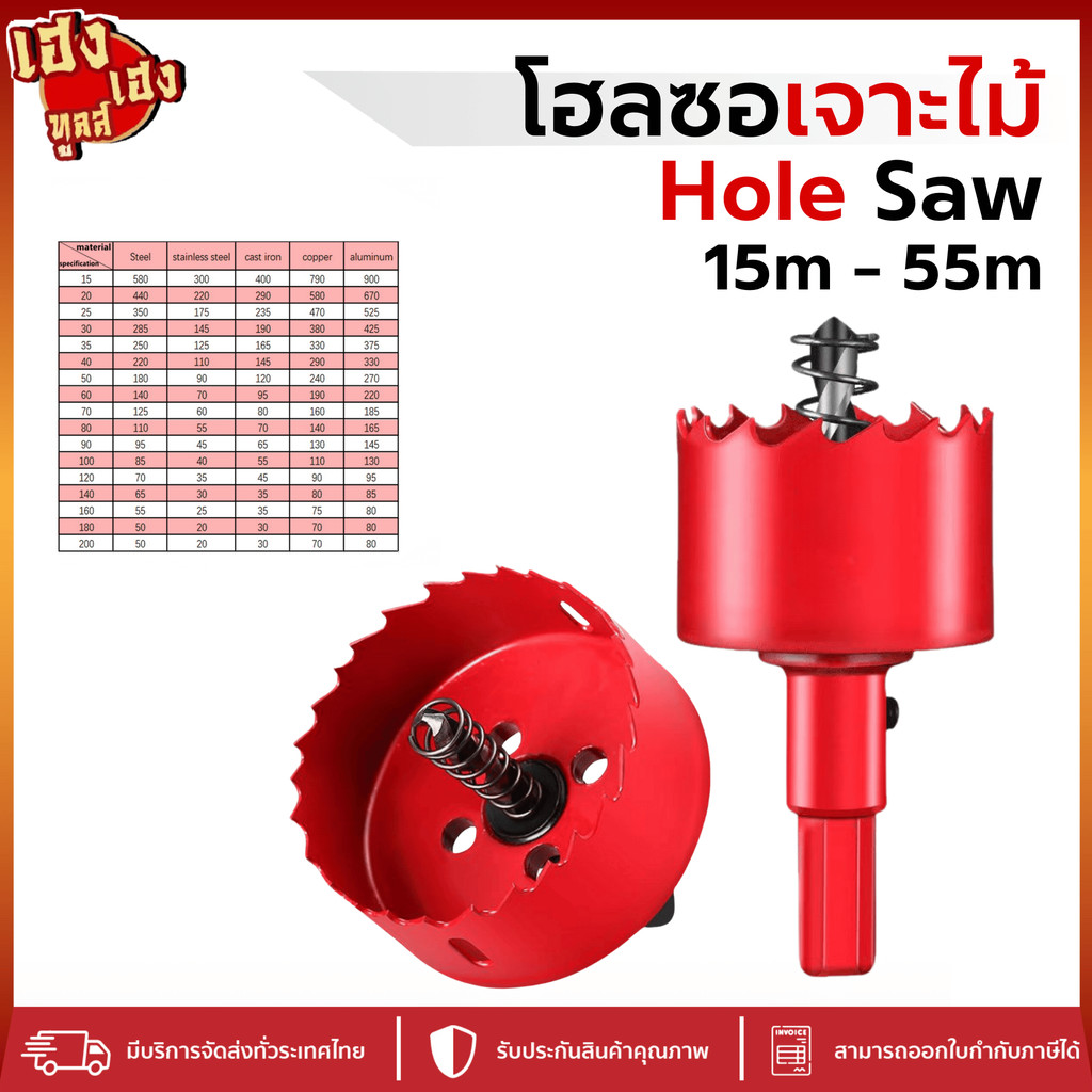 โฮลซอเจาะไม้ Hole Saw HSS ขนาด 15-55mm โฮซอเจาะเหล็ก เจาะสแตนเลส เจาะอลูมิเนียม เซรามิค ไม้ PVC