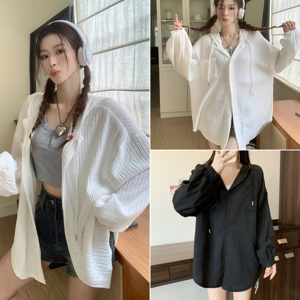 Betty house พร้อมส่ง เสื้อคลุมผู้หญิง เสื้อแขนยาวแฟชั่น oversize เนื้อผ้าใส่สบาย มีฮู้ด สีพื้น สไตล์เกาหลี
