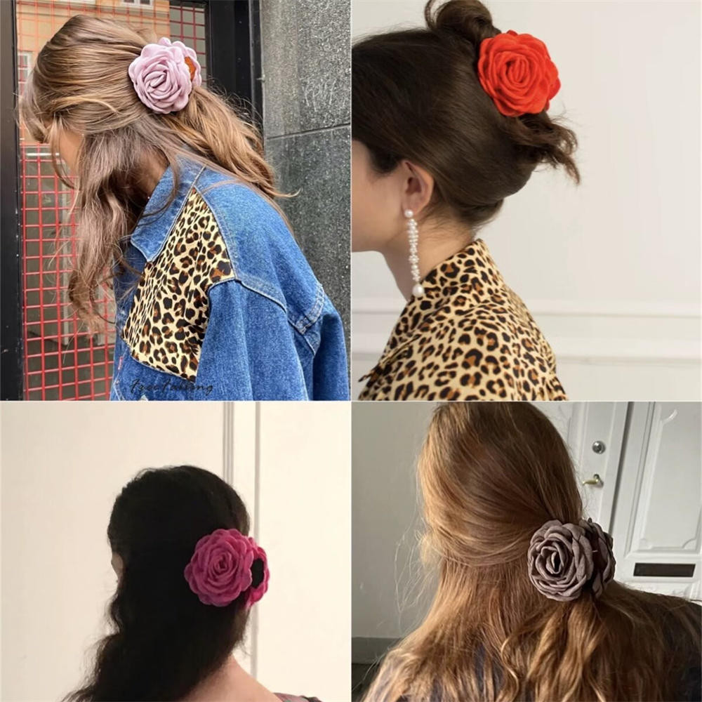 ขนาดใหญ่ซาติน Rose ดอกไม้พลาสติกกรงเล็บผมคลิป Bow Barrettes Clamps Bun Chignon Updo ผู้ถืออุปกรณ์เสริมผมสําหรับผู้หญิงสาว