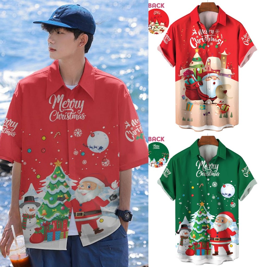 2025 คริสต์มาสเสื้อผู้ชายการ์ตูนซานตาคลอสพิมพ์แขนสั้นด้านบนหลวมขนาดใหญ่เสื้อสุขสันต์วันคริสต์มาสต้นคริสต์มาส