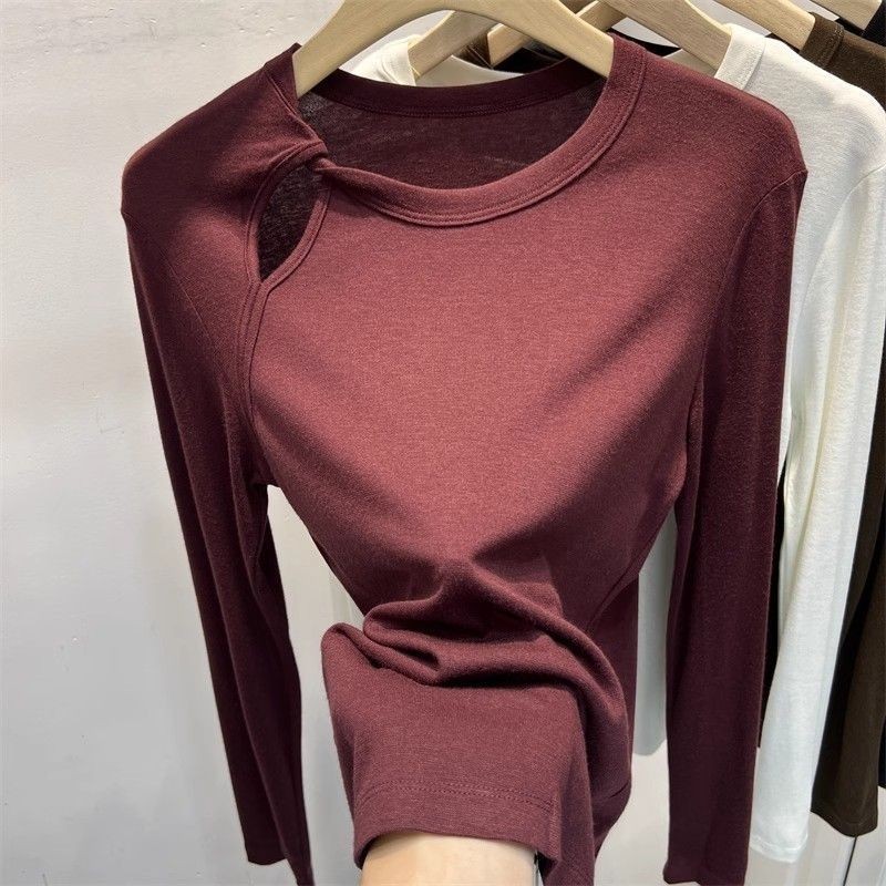 ข ฤดูใบไม้ผลิและฤดูใบไม้ร่วงผู้หญิงโหลออกปิดไหล่ผ้าฝ้ายแขนยาวเสื้อยืดรอบคอบางสีทึบ
