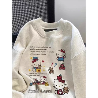 เสื้อสเวตเตอร์คอกลมพิมพ์ลายการ์ตูน Hello Kitty สไตล์อเมริกันฮาราจูกุสไตล์เรโทร