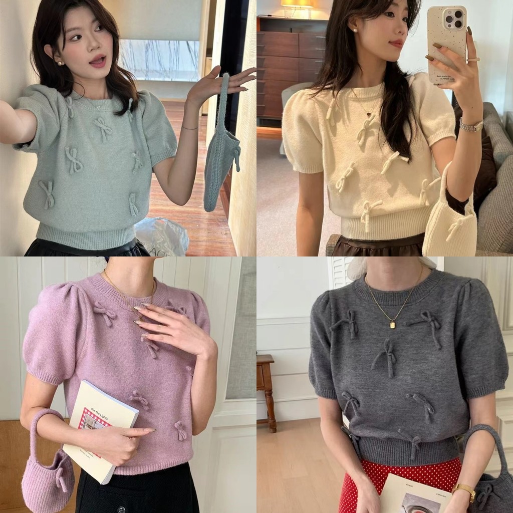 Bonnie เสื้อไหมพรม แขนสั้น คอกลม สไตล์เกาหลี ใส่สบายมากดีเทลติดโบว์เล็กๆ เสื้อแฟชั่นผู้หญิง ส่งไวจากไทย#6A035
