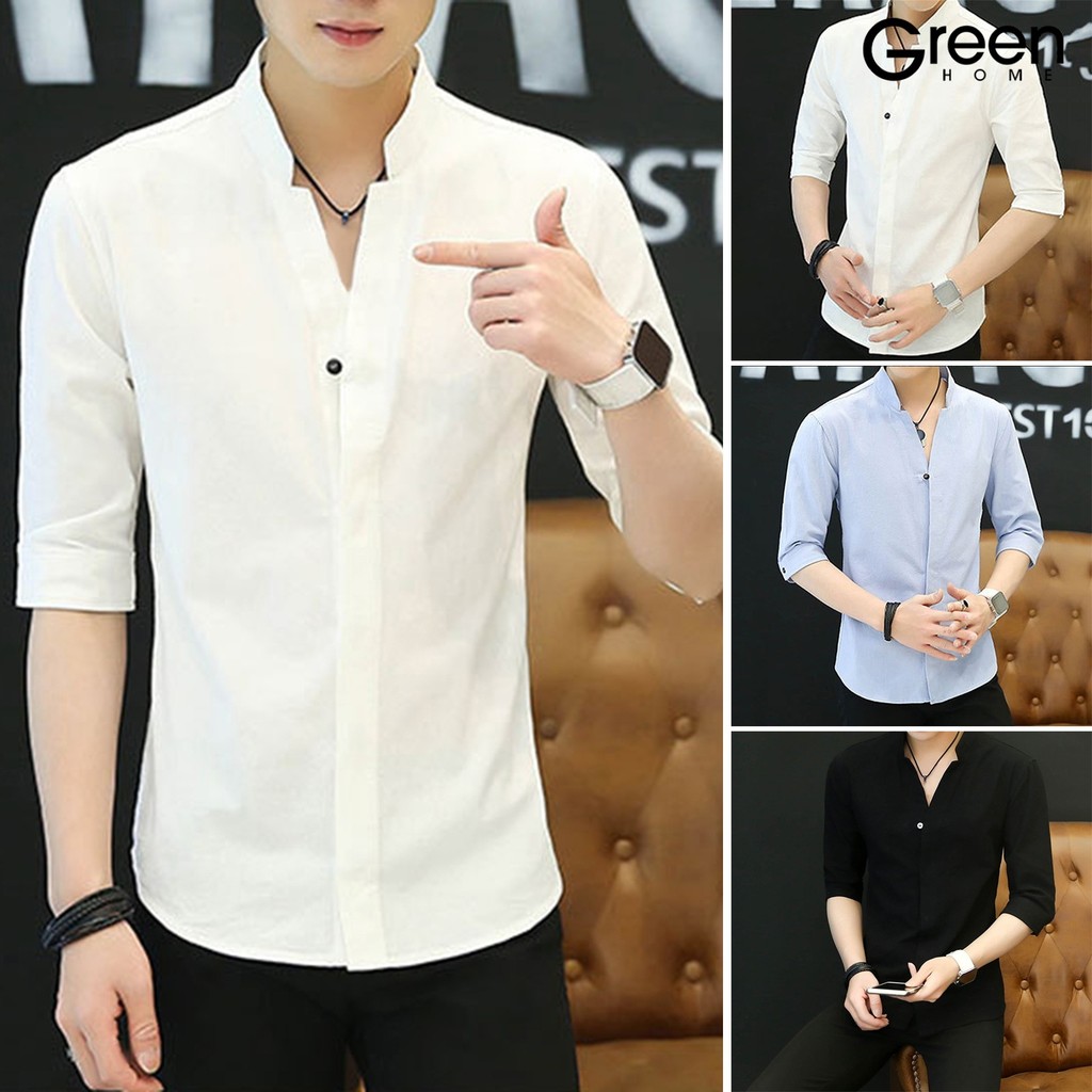 GHฤดูใบไม้ร่วงฤดูร้อนผู้ชายเสื้อยืนปกสลิมฟิตแขนสามในสี่สีทึบกระดุมแถวเดียวสไตล์ธุรกิจอย่างเป็นทางการทุกวันด้านบน