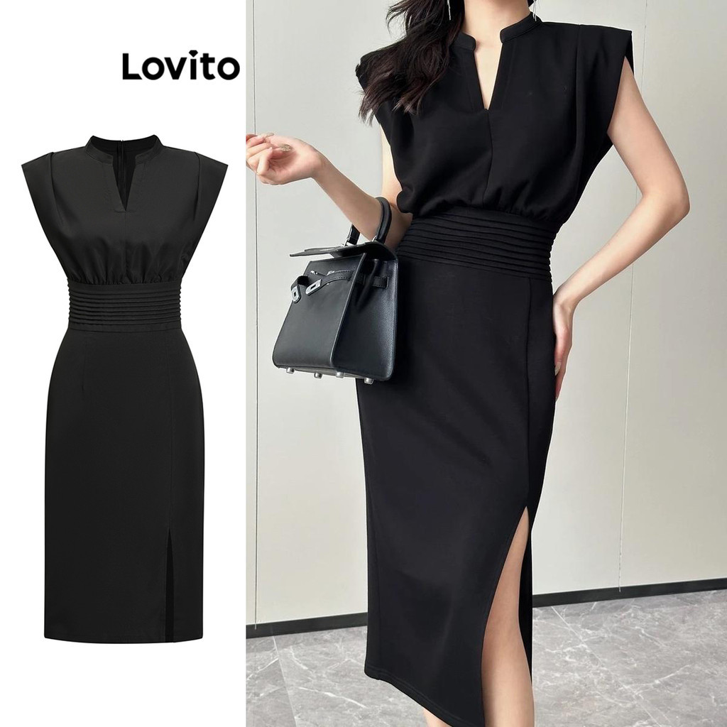 Lovito ชุดเดรสผู้หญิง แต่งผ่า สีพื้น หรูหรา LNE58064