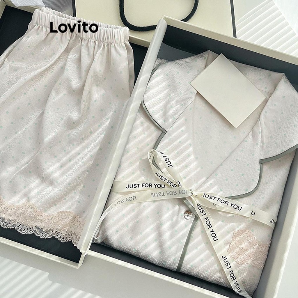 Lovito ชุดนอนลายจุดลูกไม้ บล็อกสี แบบสบาย ๆ สำหรับผู้หญิง LNL73382