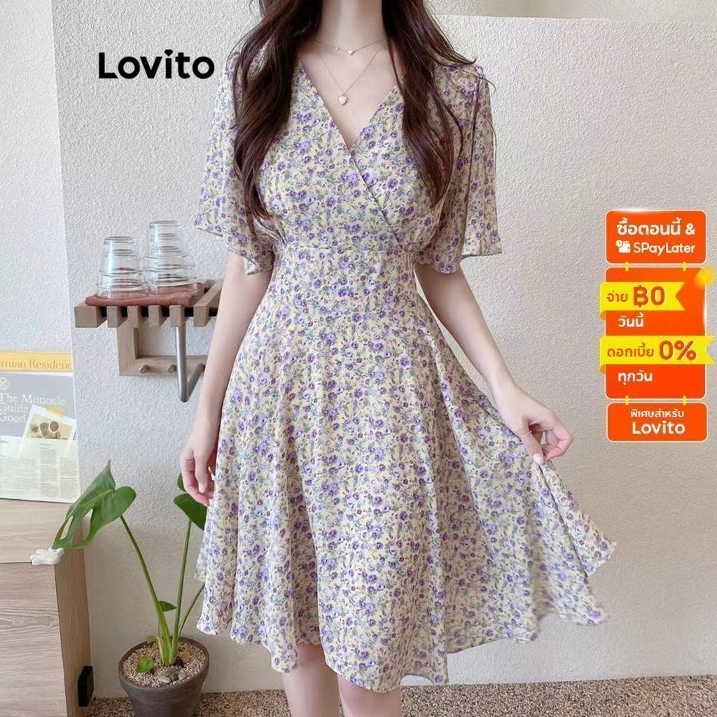 Lovito ชุดเดรส แขนสั้น คอวี ซิปรูด ลายดอกไม้ดิสซี่ สไตล์ลำลอง สำหรับผู้หญิง LNA06126 (สีม่วง)