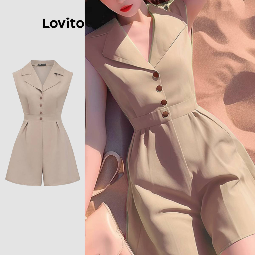 Lovito จั๊มสูทผู้หญิง มีกระดุม สีพื้น สไตล์ลำลอง L89ED258