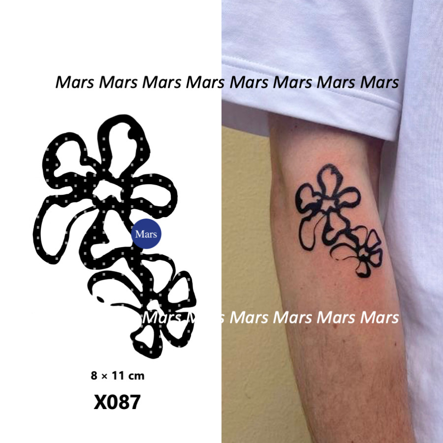 Mars Tattoonew Technology Magic, Long Lasting 2 สัปดาห์, รอยสักกึ่งถาวร, รอยสักชั่วคราว, สติ๊กเกอร์รอยสัก, สักปลอม, "ดอกไม้ทํางานสีดํา", X087