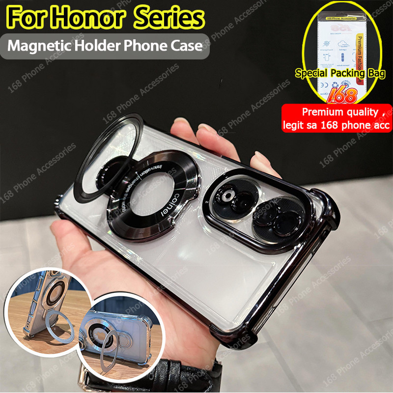 เคส Honor 90 5G เคสใสเยลลี่กันกระแทกพร้อมแม่เหล็กที่วางโทรศัพท์ขาตั้งเลนส์กล้องหนาถุงลมนิรภัยหรูหราฝาครอบโทรศัพท์