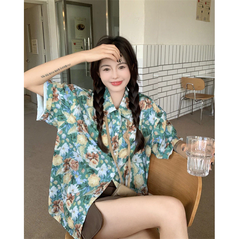 Beryl เสื้อเชิ้ตฮาวายลายดอก ทรงหลวม สไตล์ย้อนยุค แขนสั้น thumbnail 6