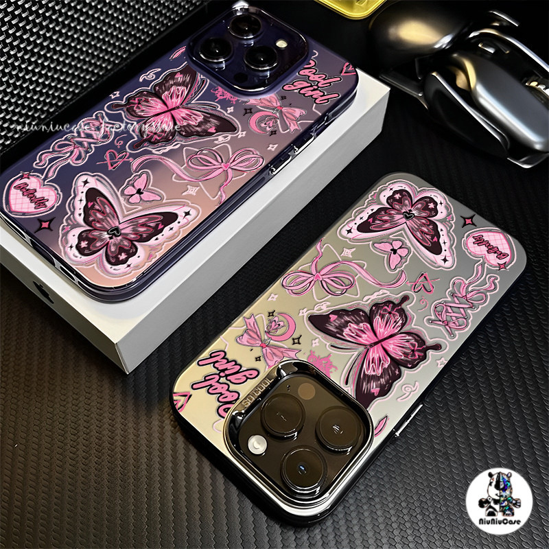 เคสไอโฟน13 ผีเสื้อสีชมพู เคส For IPhone 11 13 12 14 15 16 Pro Max IP 8P 7P Plus X XR XS Max SE เคสไอโฟนสวยๆกันกระแทกและ