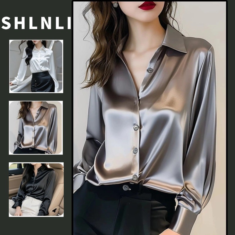 ซาตินเก๋สไตล์ฝรั่งเศสฤดูใบไม้ผลิฤดูใบไม้ร่วงเสื้อผู้หญิงสไตล์ธุรกิจเสื้อแขนยาว