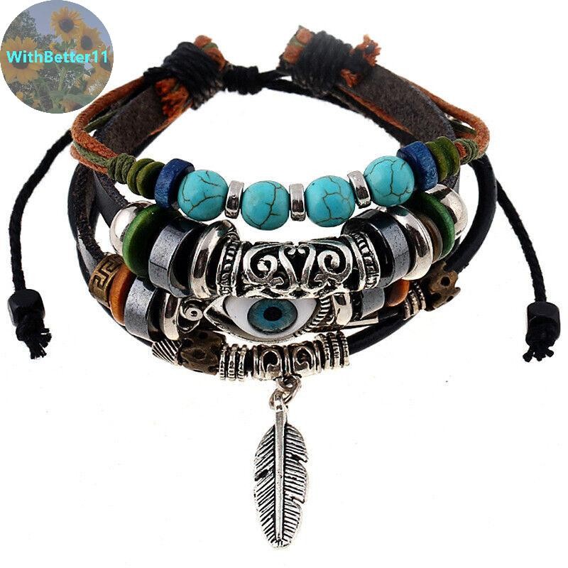 ดีกว่าสไตล์ชาติพันธุ์สร้อยข้อมือ Blue Eye Alloy Pendent Multilayer ลูกปัดสายรัดข้อมือผู้หญิงผู้ชายสร้อยข้อมือเครื่องประดับของขวัญ TH