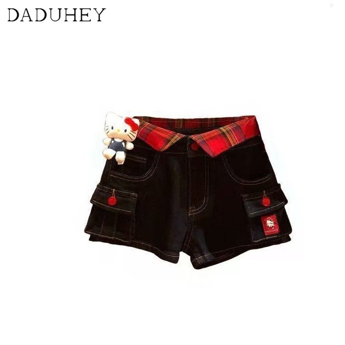 DaDuHey 2026 Spring and Summer New Red Plaid Contrast Color Hello Kitty Embroidered Denim Shorts Women's American Retro High Waist Slimming A- line Hot Pants