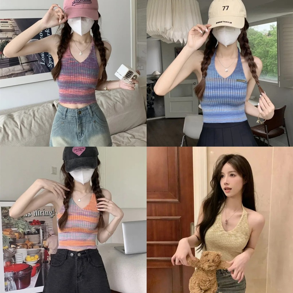 🌀MKL🌀พร้อมส่ง สายเดี่ยวผูกคอโชว์หลัง ผ้าถัก ลายทาง สายเดี่ยวไหมพรม สไตล์เกาหลี 3สี #45661