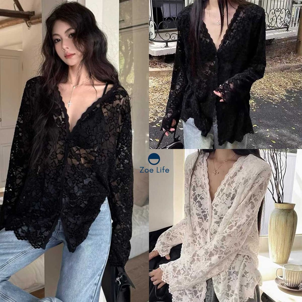 เสื้อเชิ้ตสีดำคอวีลายลูกไม้ สวยหรูแนะนำสำหรับฤดูร้อน