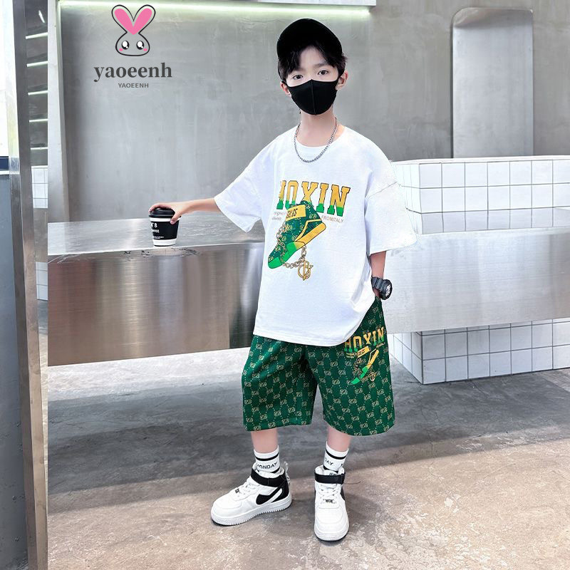【YAOEENH】120-170ซม.กลางเด็กใหญ่หล่อกางเกงขาสั้นแขนสั้นชุดสองชิ้นฤดูร้อนชายพิมพ์หลวมกีฬาชุดลําลองพร้อมสต็อกจัดส่งที่รวดเร็ว