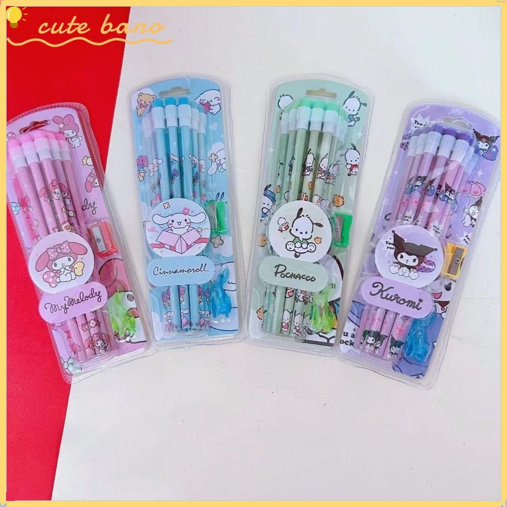 Bano1 12 ชิ้นชุดดินสอ Sanrio, อุปกรณ์การเรียน Kuromi ยางลบ, เครื่องเขียนสําหรับเด็กเครื่องมือเขียนไม้