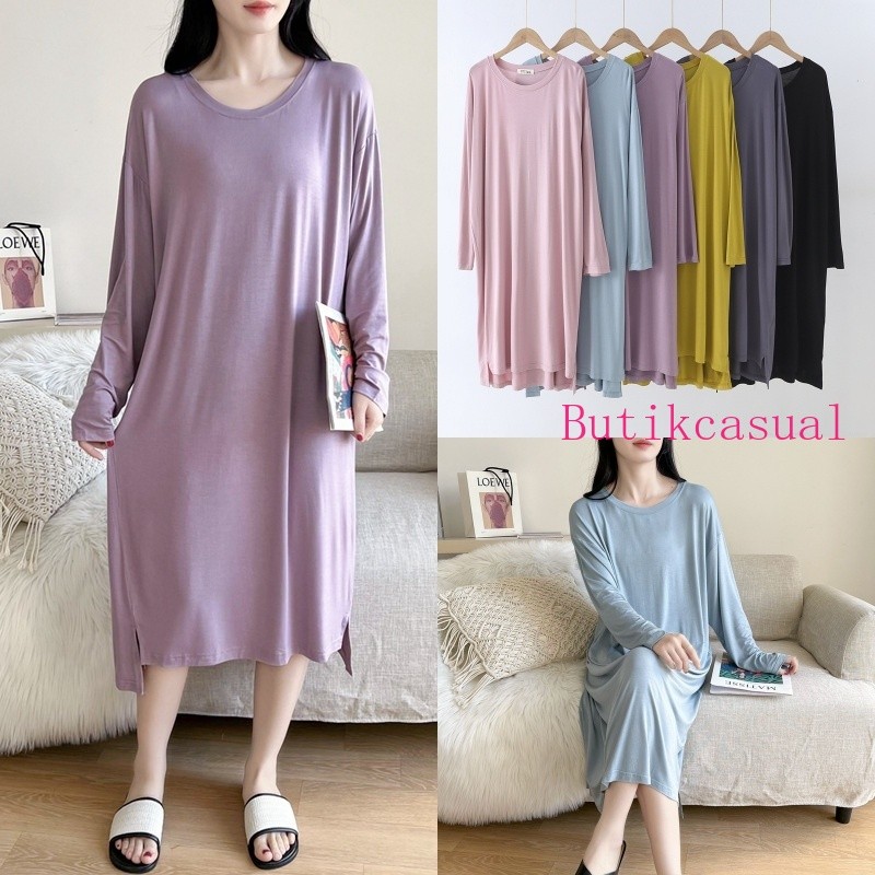 ผู้หญิง Modal Cotton Night Dress หลวมธรรมดาชุดสบายแขนยาวฤดูร้อนสบายๆ midi ชุด