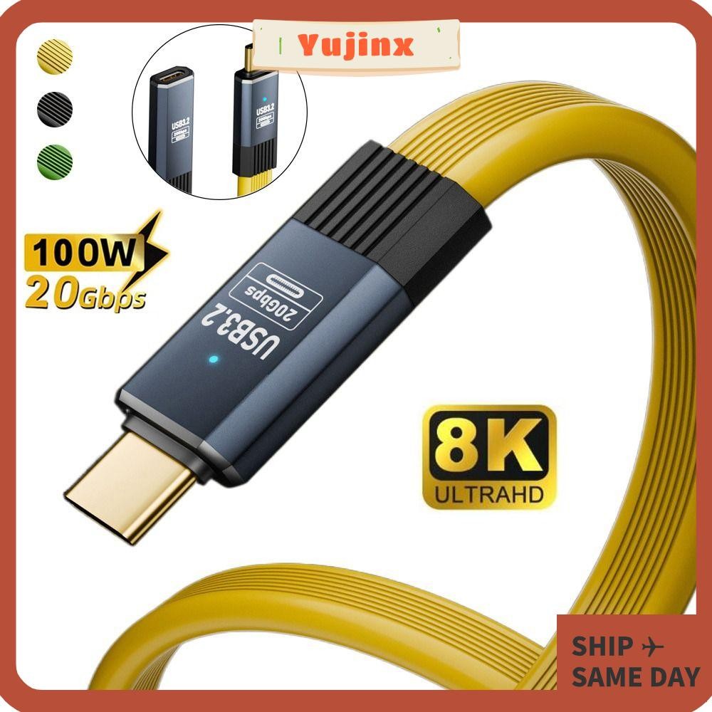 YUJINX สายชาร์จเร็ว, 20Gbps PD 100W USB 3.2 Type-C Cable, Universal E-Marker Chip Flat Male to Female Extension Cable โทรศัพท์มือถือ