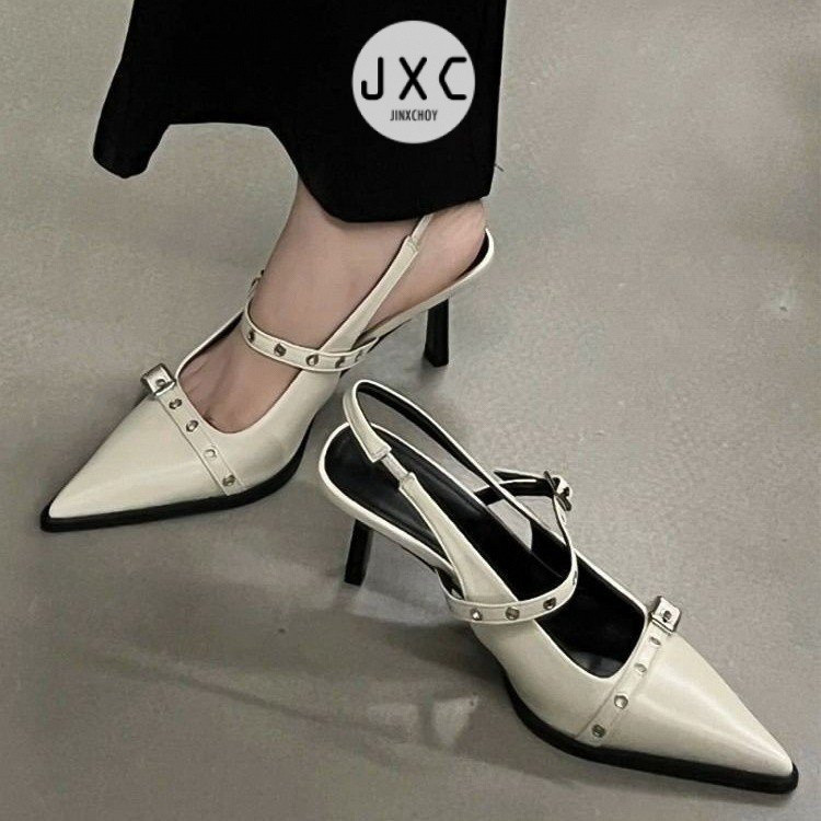 JINxCHOY รองเท้าส้นสูง หนัง PU หัวแหลม แต่งสายรัดข้อเท้า สีดํา แฟชั่นนักธุรกิจ สไตล์เกาหลี สําหรับผู้หญิง ใส่ไปทํางาน ดินเนอร์ งานแต่งงาน